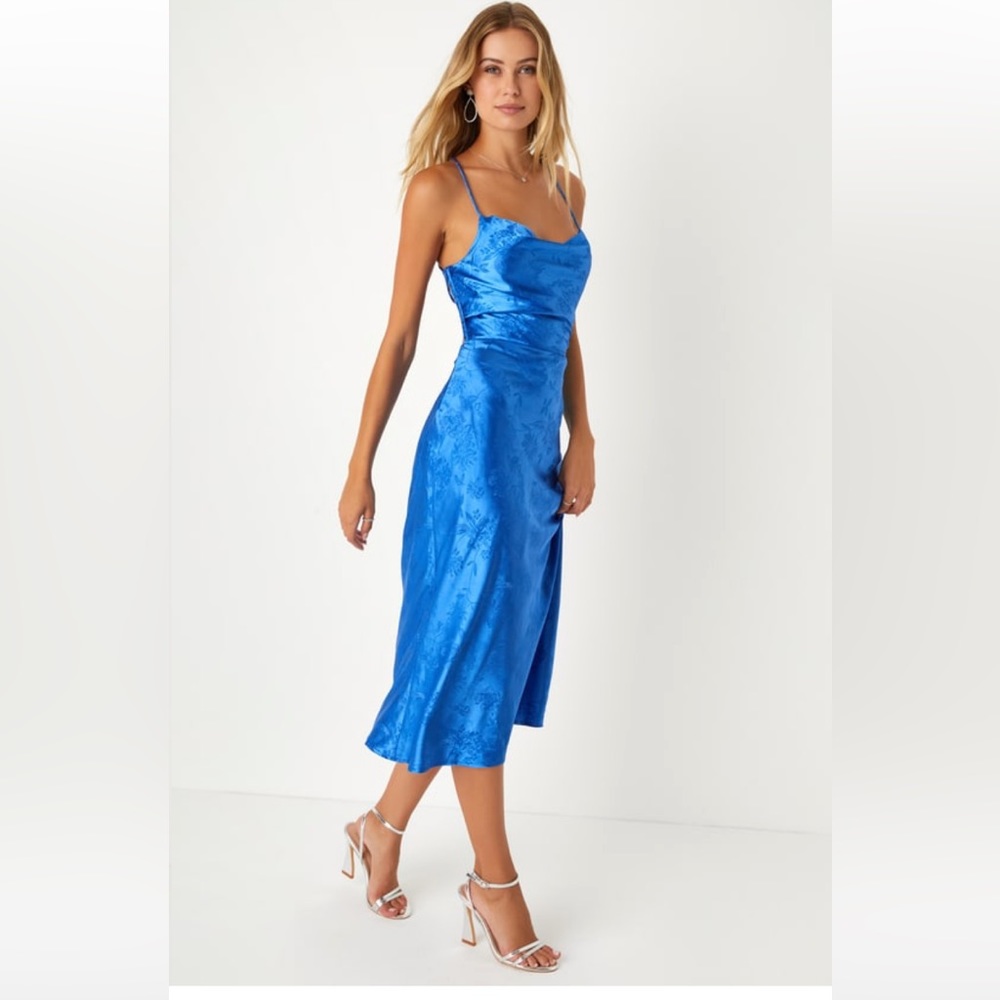 Lulus Sunset Dance Cobalt Blue Satin Jacquard Lace-Up Midi Dress